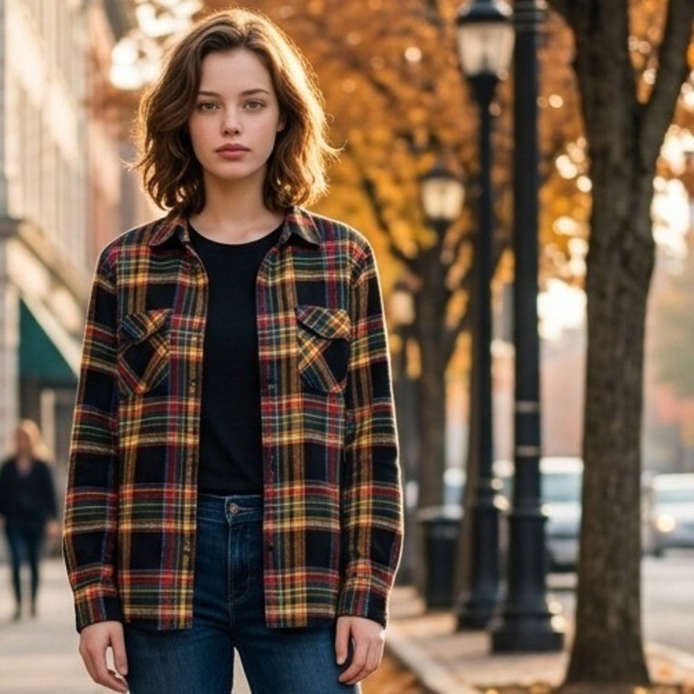 Natural Life Patchwork Plaid Flannel Shirt Multicolor Fall Cotton Pumpkin Patch
